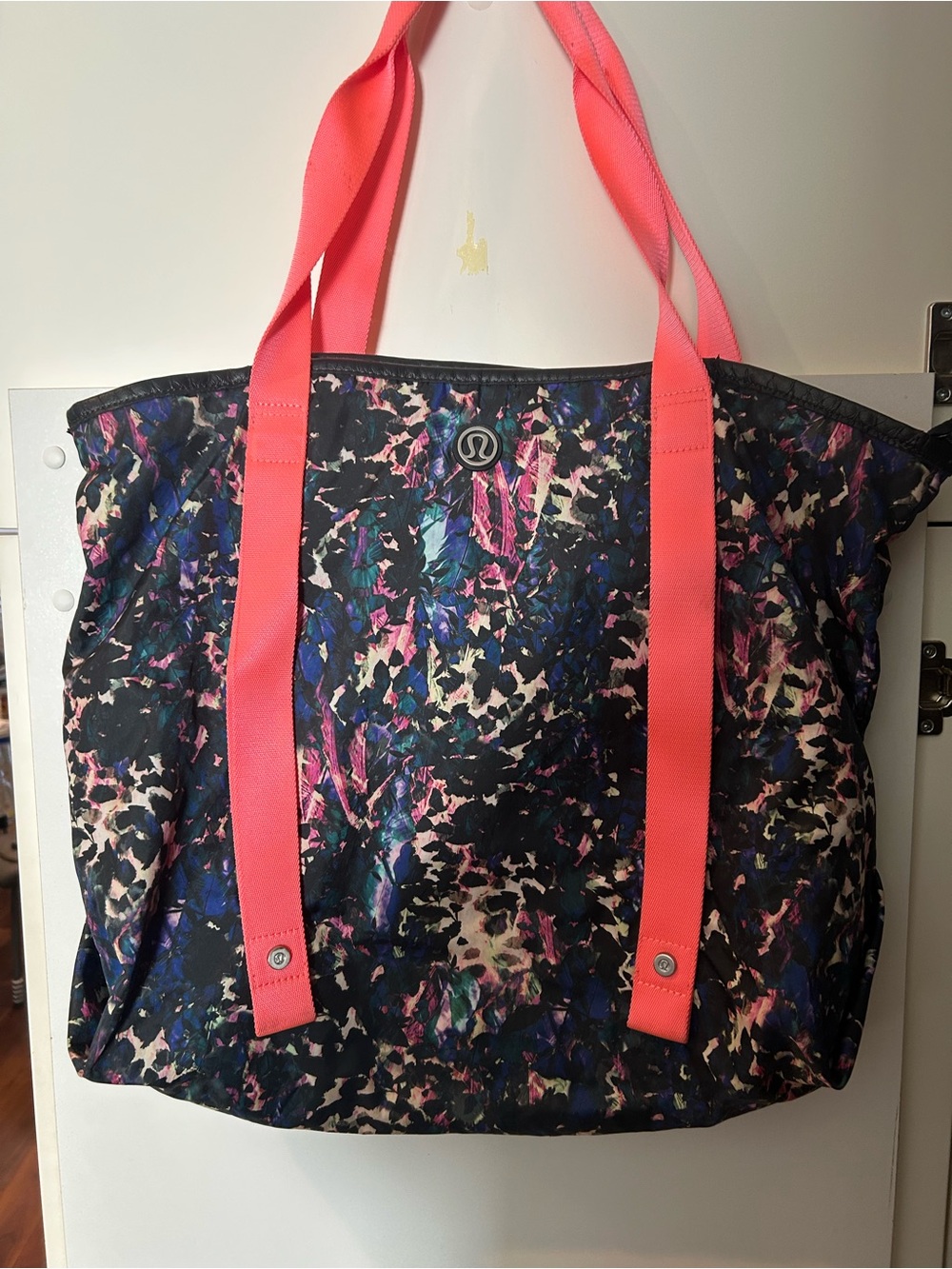 lululemon athletica Black Multi-Print Tote with Coral Pink Straps